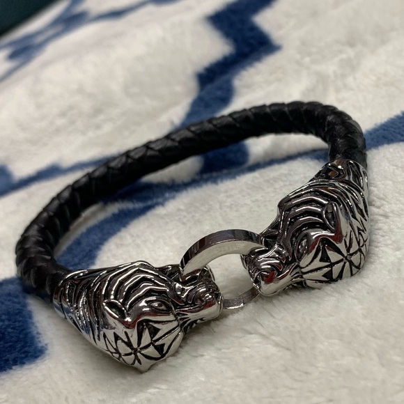 Other - Nordic Style Braided Leather Stainless Steel Tiger Head Bracelet